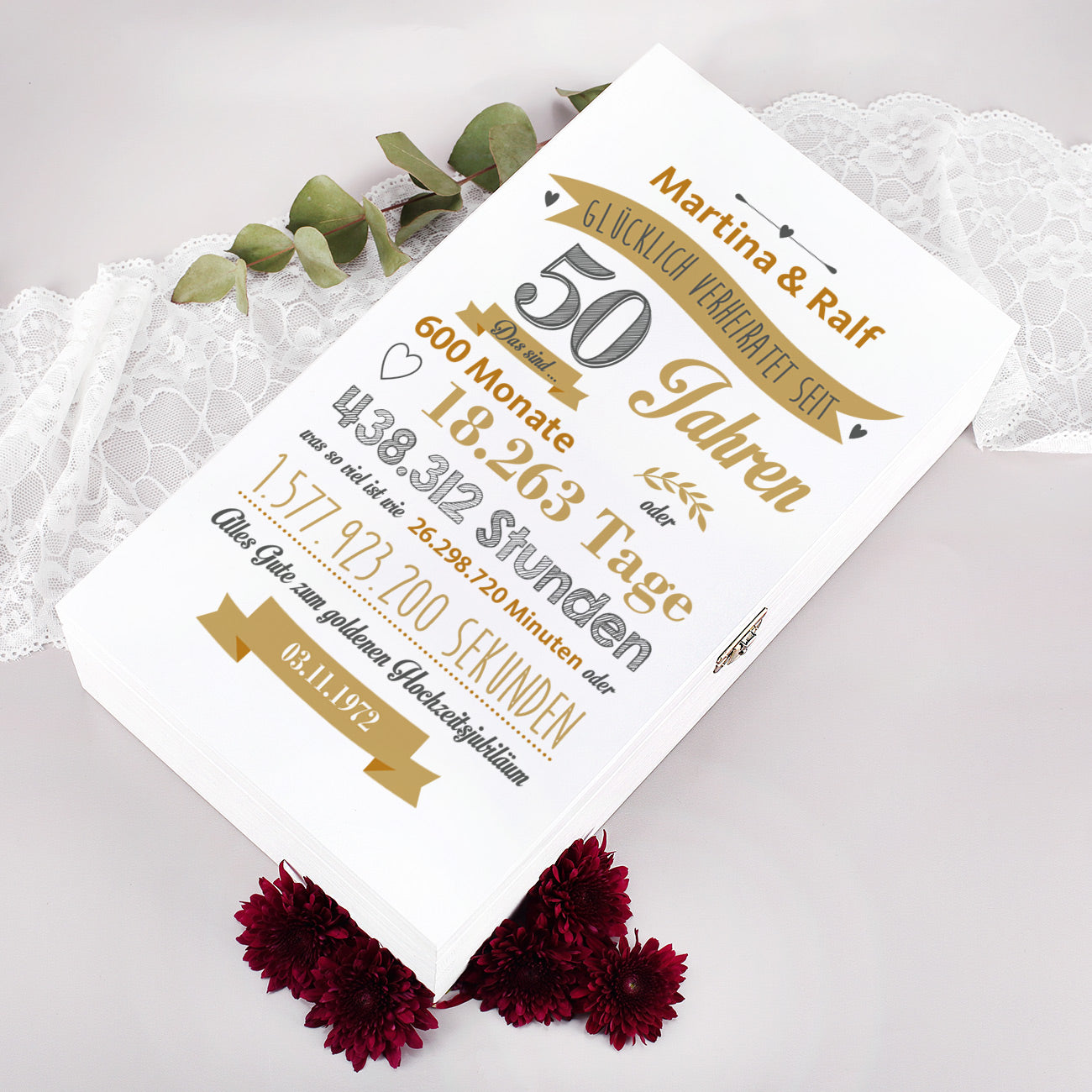 Bedruckte Holzbox personalisiert mit Namen und Datum