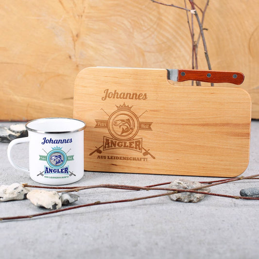 Angler aus Leidenschaft - Messerbrett und Emailletasse