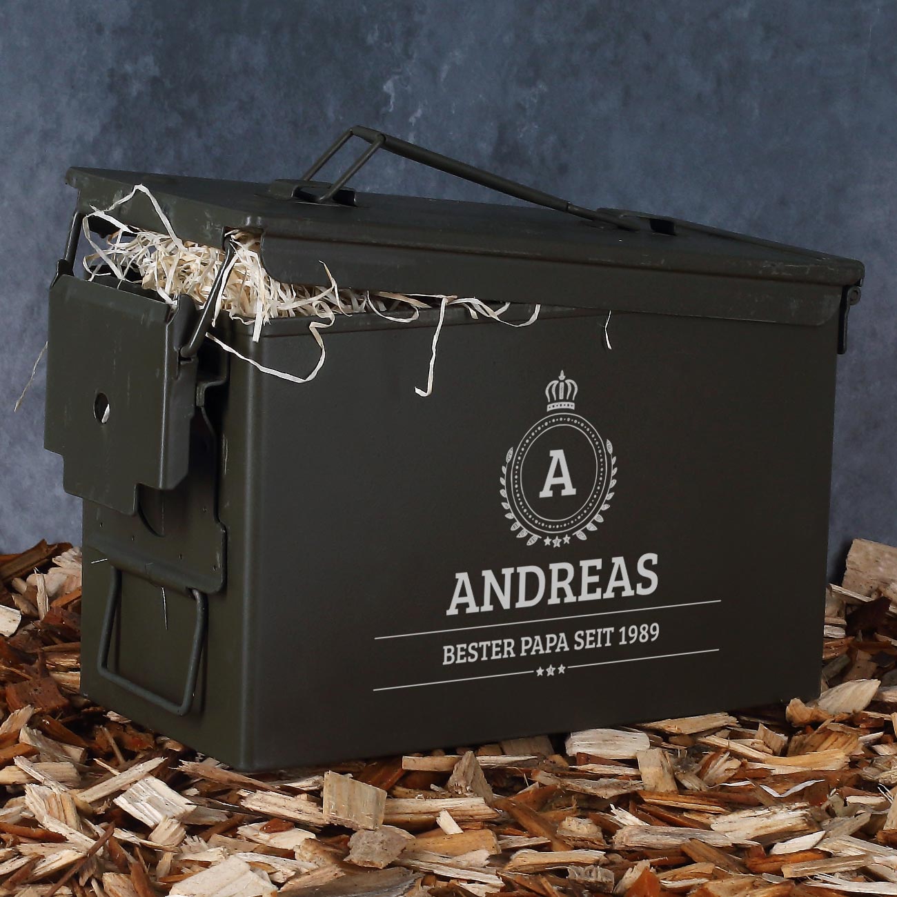 Whiskyset in Munitionskiste mit Wunschtext