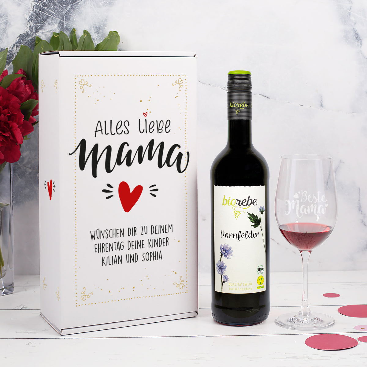 Biorebe Wein Geschenkset zum Muttertag mit Weinglas in Geschenkbox | Geschenk für Mama