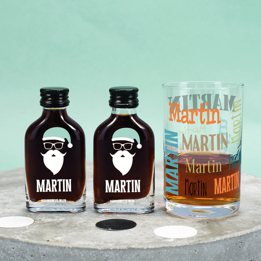 Zwei Kräuterliköre und Schnapsglas mit Name personalisiert
