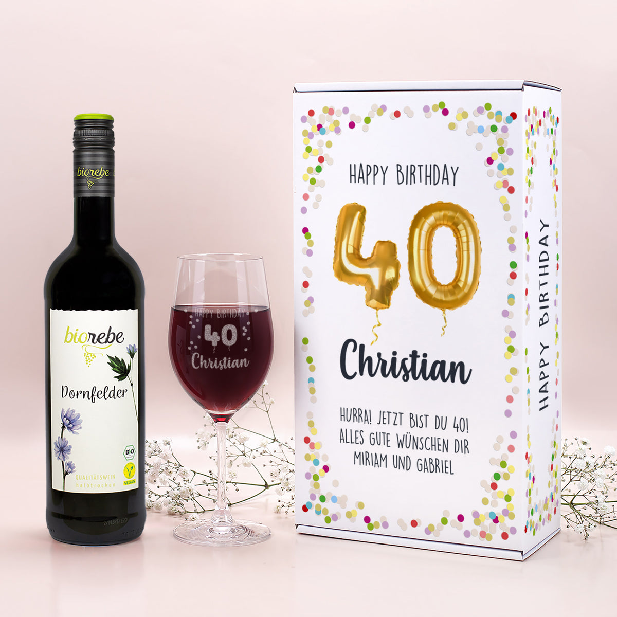 Happy Birthday 40 - Biorebe Wein und Weinglas in Geschenkbox | Geschenk zum Geburtstag