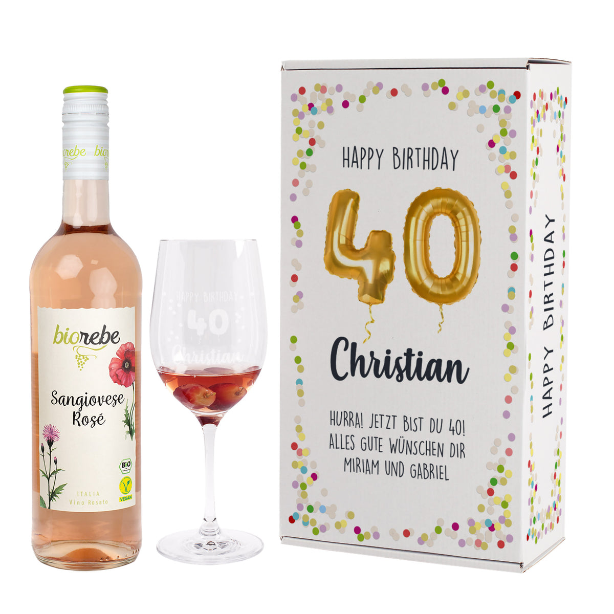 Happy Birthday 40 - Biorebe Wein und Weinglas in Geschenkbox | Geschenk zum Geburtstag