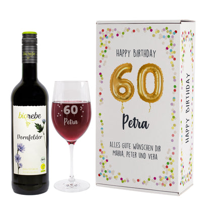 Happy Birthday 60 - Biorebe Geschenkset mit Weinglas in Geschenkbox zum Geburtstag