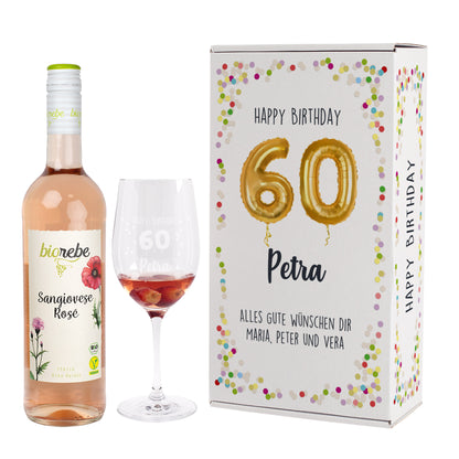 Happy Birthday 60 - Biorebe Geschenkset mit Weinglas in Geschenkbox zum Geburtstag