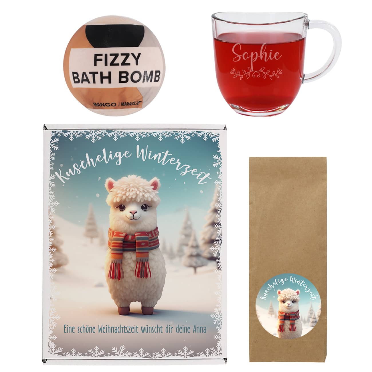 Geschenkset bestehend aus Badekugel, Teeglas, Geschenkverpackung & Tee