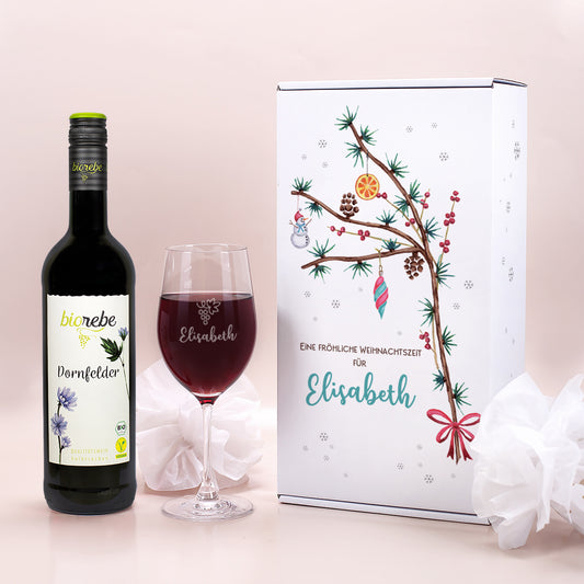 Wein-Geschenkset zu Weihnachten mit Biorebe Wein, Weinglas in festlicher Geschenkbox | 3 Sorten