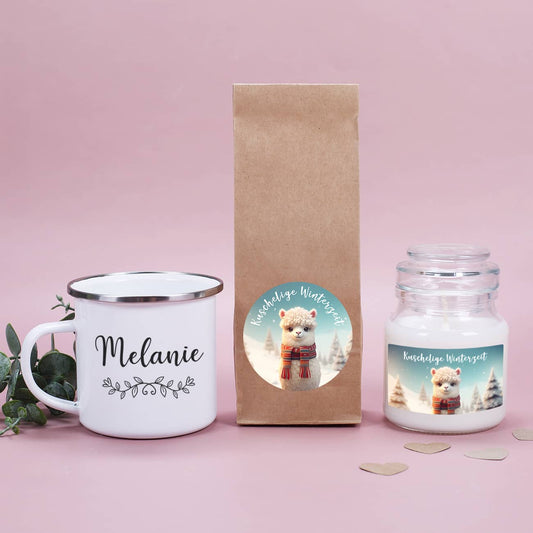 Metalltasse, Tee & Duftkerze mit charmanter Personalisierung