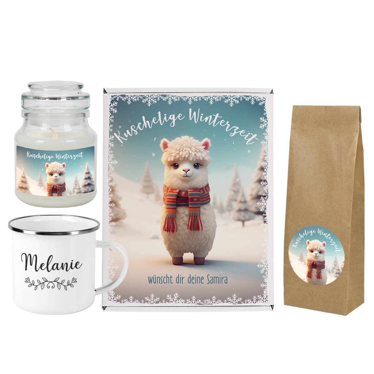 Set bestehend aus Duftkerze, Metalltasse, Geschenkbox und Tee