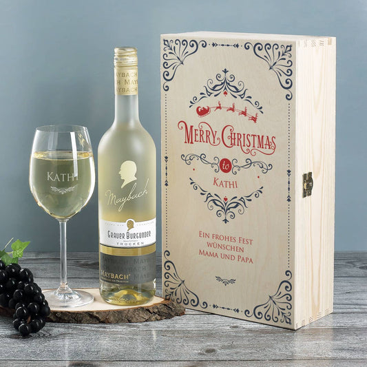 Weihnachtliche Holzbox mit Weinglas und Maybach Weißweinflasche