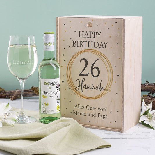 Geburtstagsset mit graviertem Glas, Wein und bedruckter Box