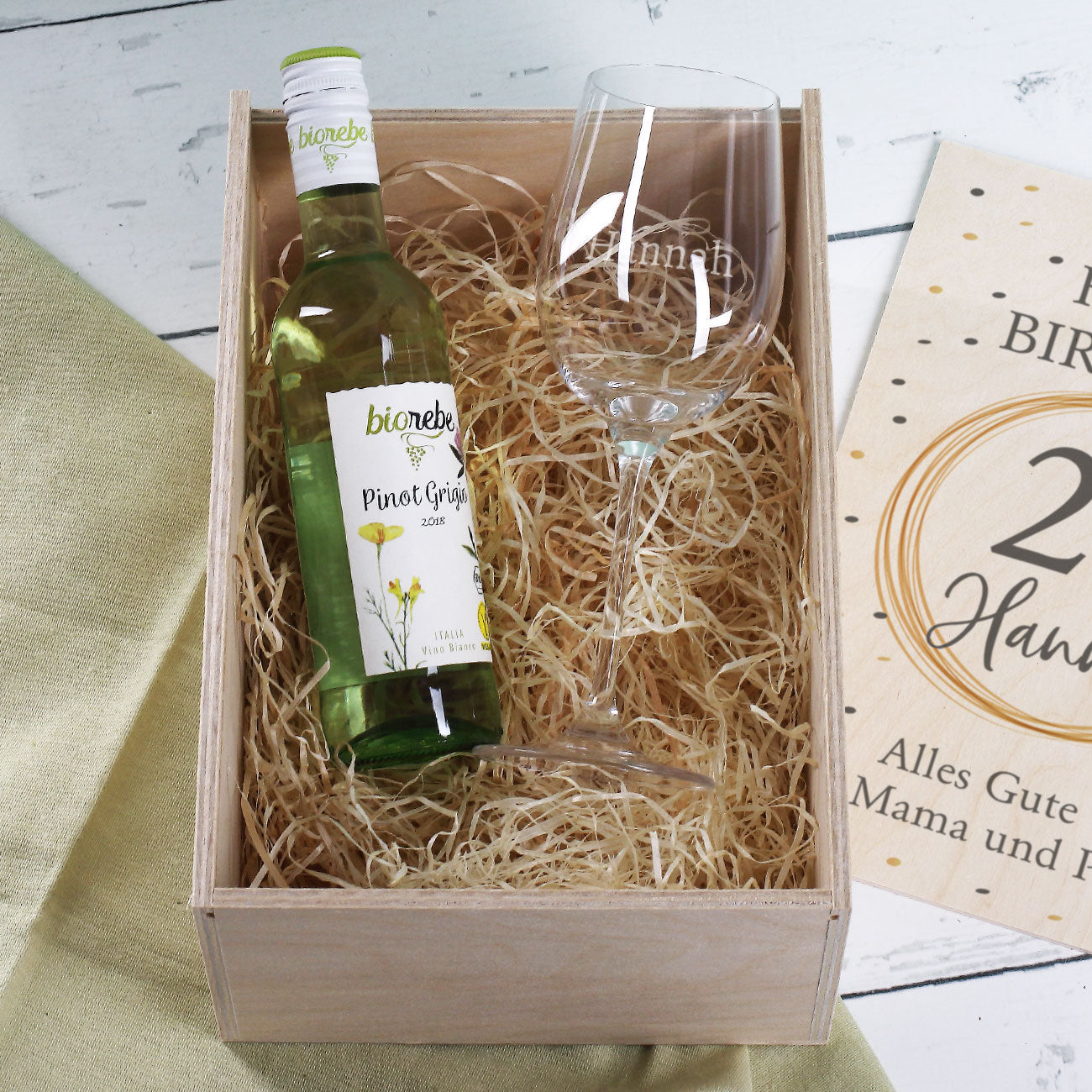 Geburtstagsset mit graviertem Glas, Wein und bedruckter Box