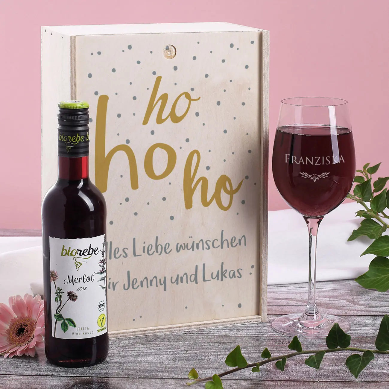 Geschenkset Hohoho mit Holzbox, Weinglas und Weinflasche