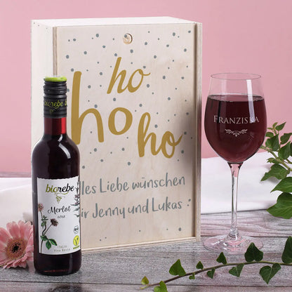 Geschenkset Hohoho mit Holzbox, Weinglas und Weinflasche