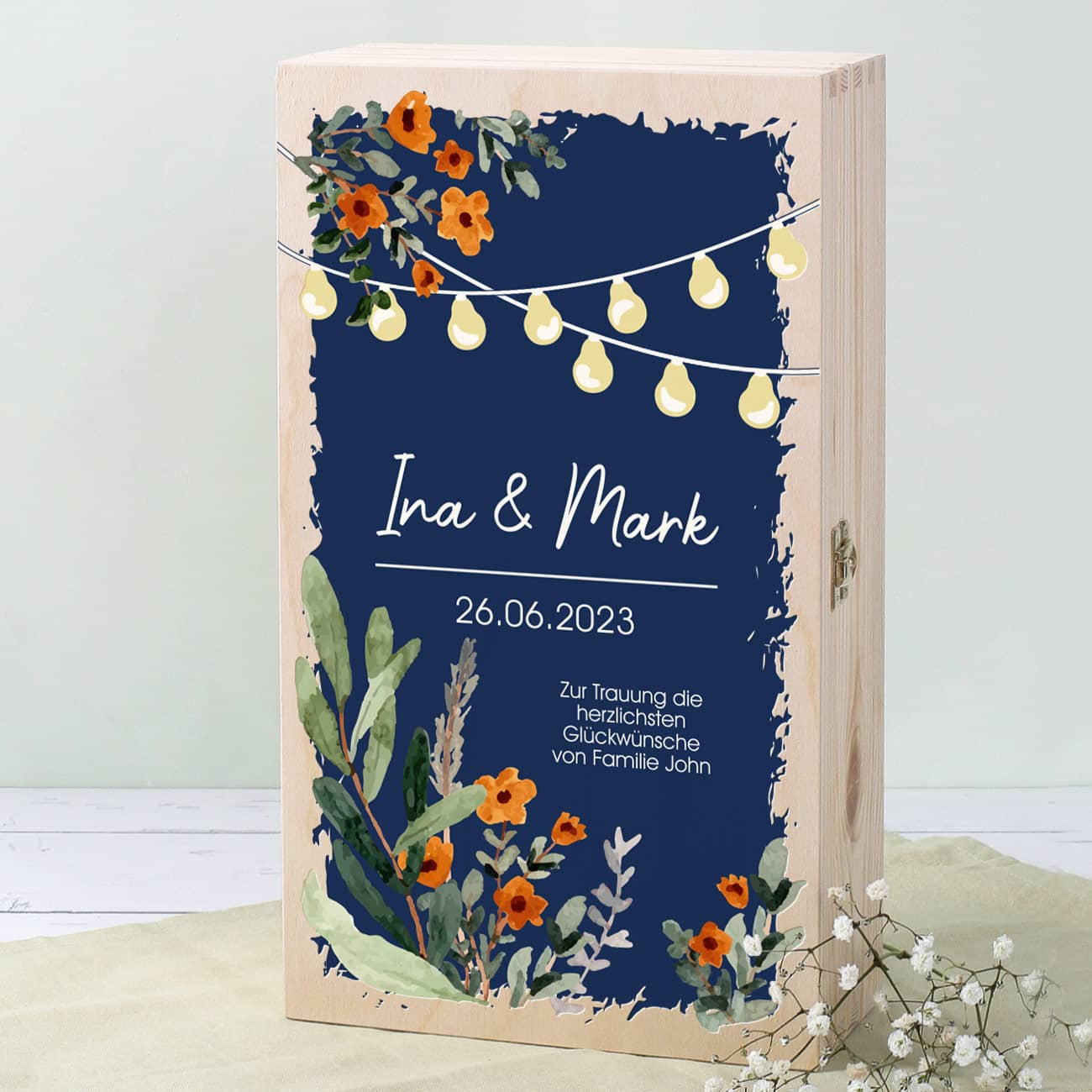 Präsentbox mit romantischen Wildblumen, Lichterkette und Ihren Wunschangaben bedruckt
