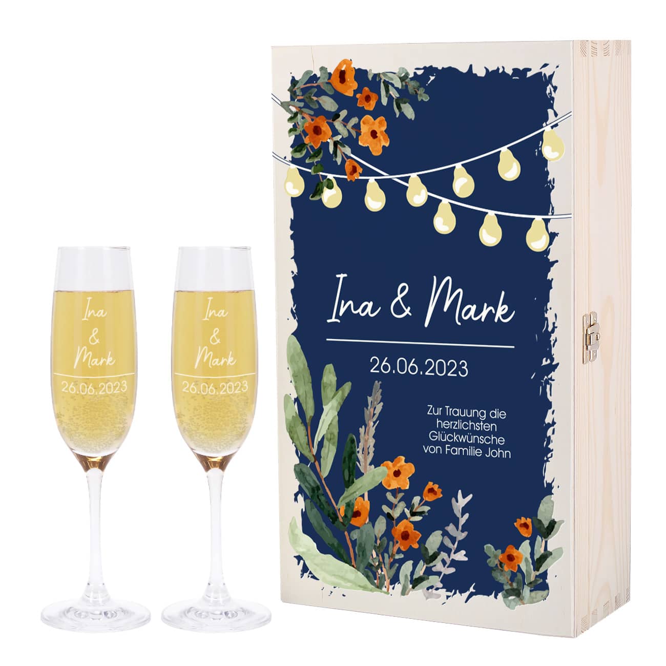 Persönliches Hochzeitspräsent - Gravierte Sektgläser mit Holzbox - gestaltet mit romantischen Wildblumen und Lampion-Aufdruck