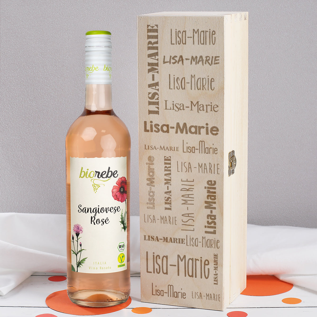 Biorebe Wein in gravierter Holzbox mit Ihrem Wunschnamen | Weißwein, Rotwein, Rosé