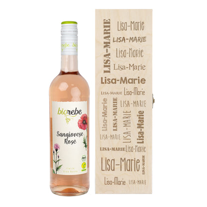 Biorebe Wein in gravierter Holzbox mit Ihrem Wunschnamen | Weißwein, Rotwein, Rosé