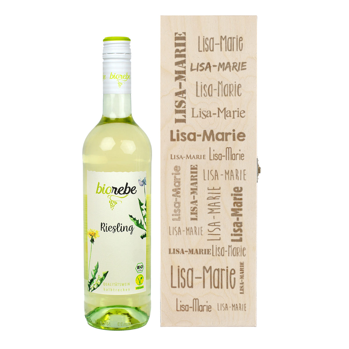 Biorebe Wein in gravierter Holzbox mit Ihrem Wunschnamen | Weißwein, Rotwein, Rosé