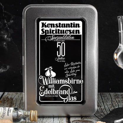 Metallkiste bedruckt mit notalgischem Motiv was an ein altes Schaufenster erinnern soll