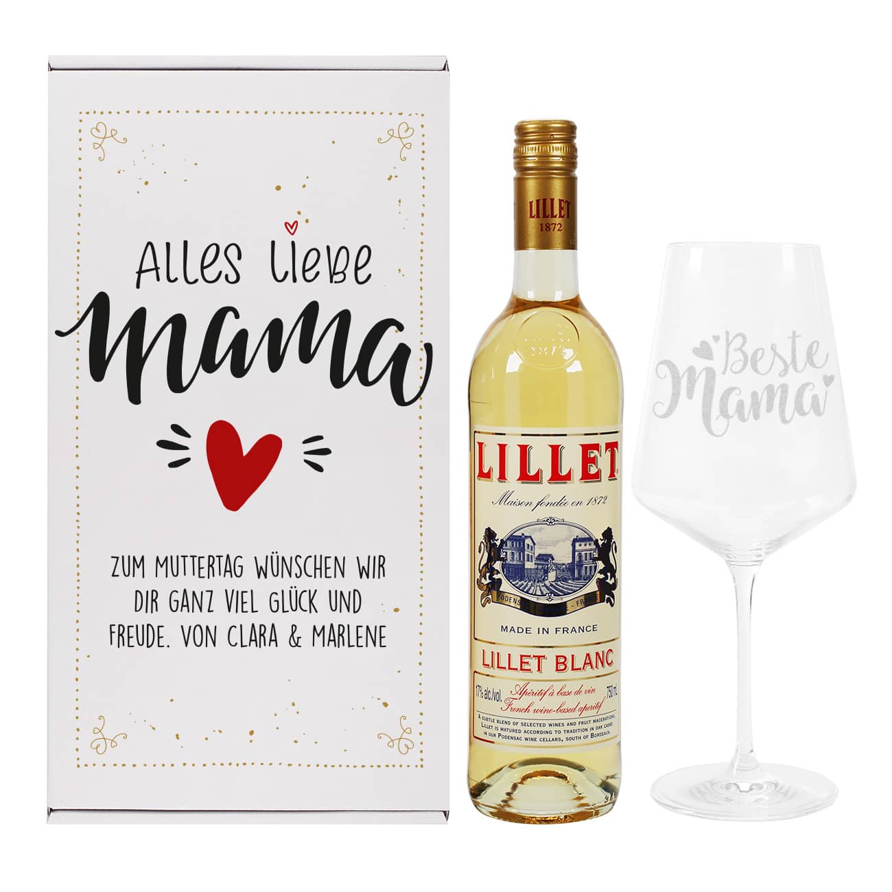 Alles Liebe Mama - Lillet Blanc Präsent zum Muttertag mit gravierten Weinglas