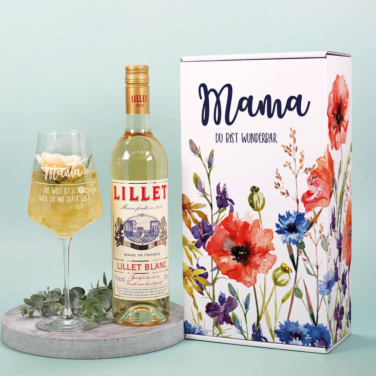 Lillet Geschenkset zum Muttertag mit Geschenkbox und gravierten Leonardo-Weinglas