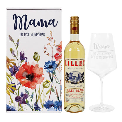 Präsent zum Muttertag mit Lillet Blanc, floraler Box und Weinglas der Marke Leonardo 
