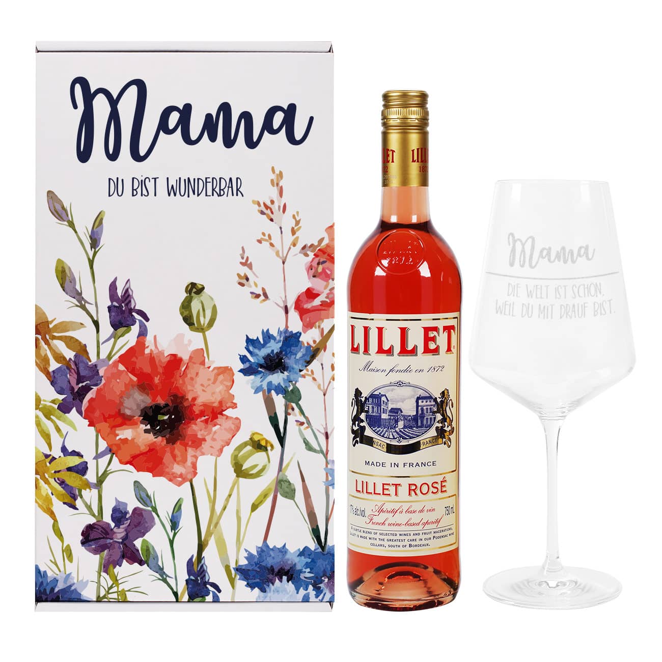 Präsent zum Muttertag mit Lillet Rosé, floraler Box und Weinglas der Marke Leonardo 