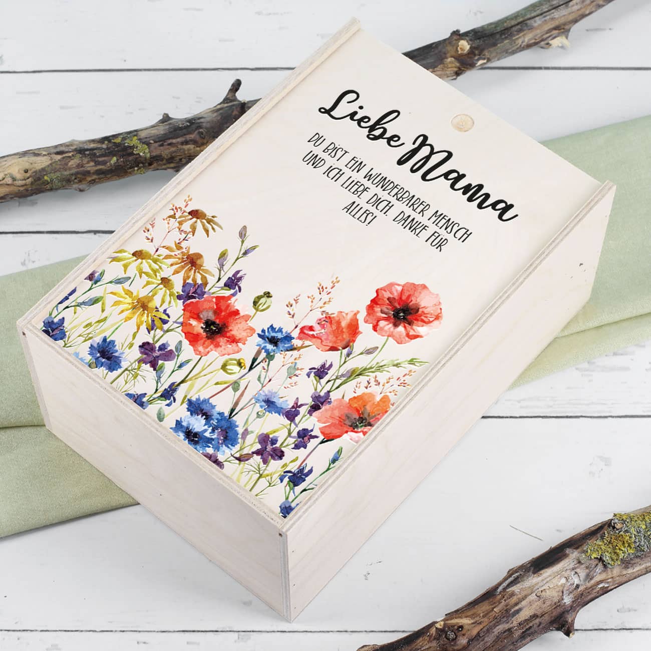 Geschnkbox mit toller Frühlingswiese und Ihrem Wunschtext bedruckt
