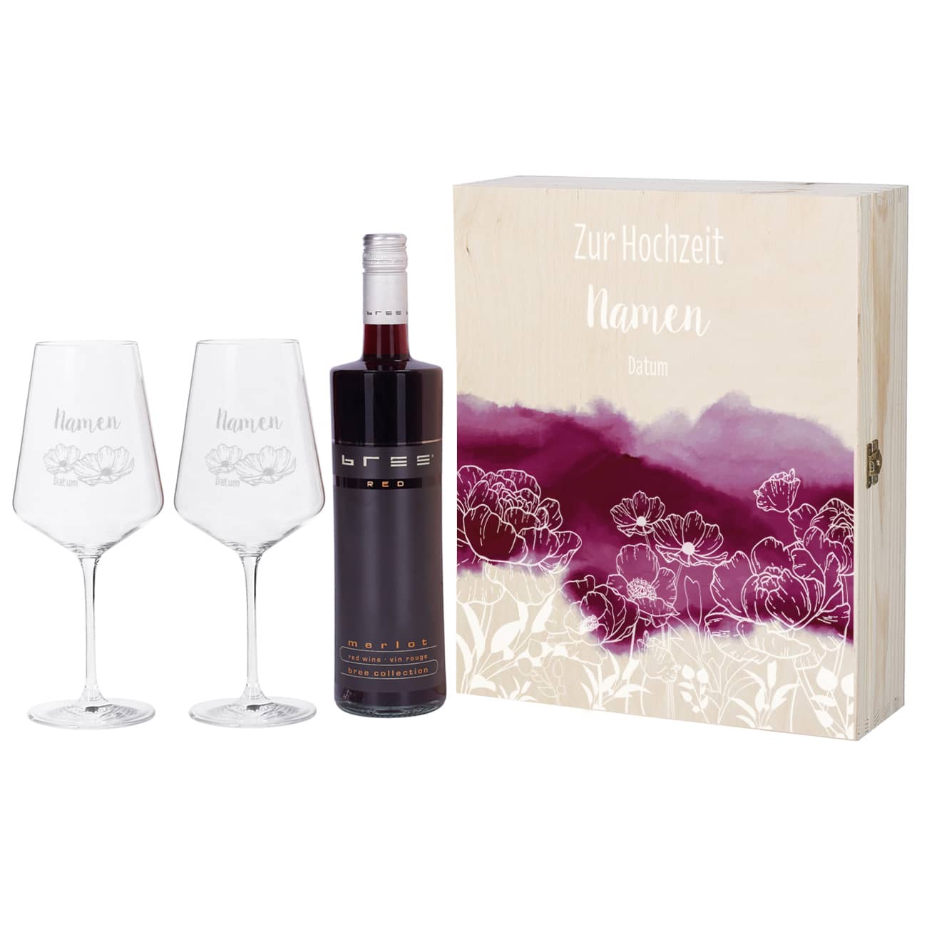 Romantisches Wein-Set mit Ihren Wunschnamen und einem persönlichen Datum