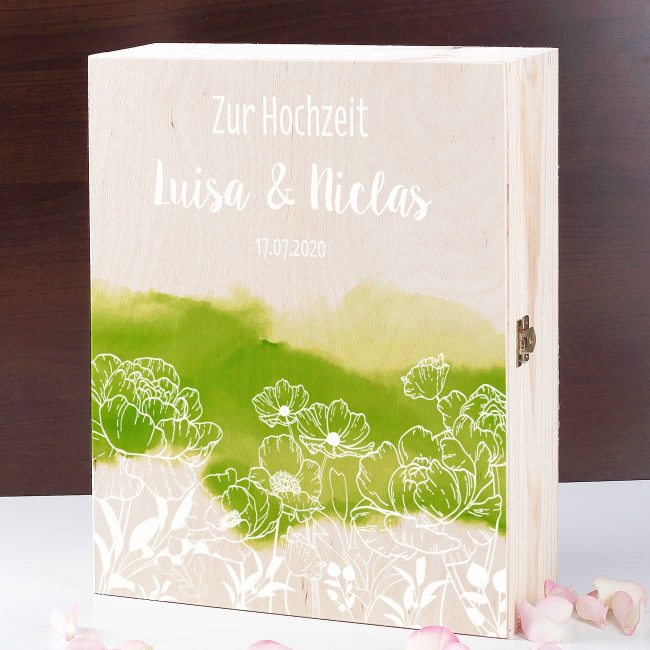 Individuell bedruckte Holzbox mit Blumen im Line Art Stil als romatische Geschenkverpackung