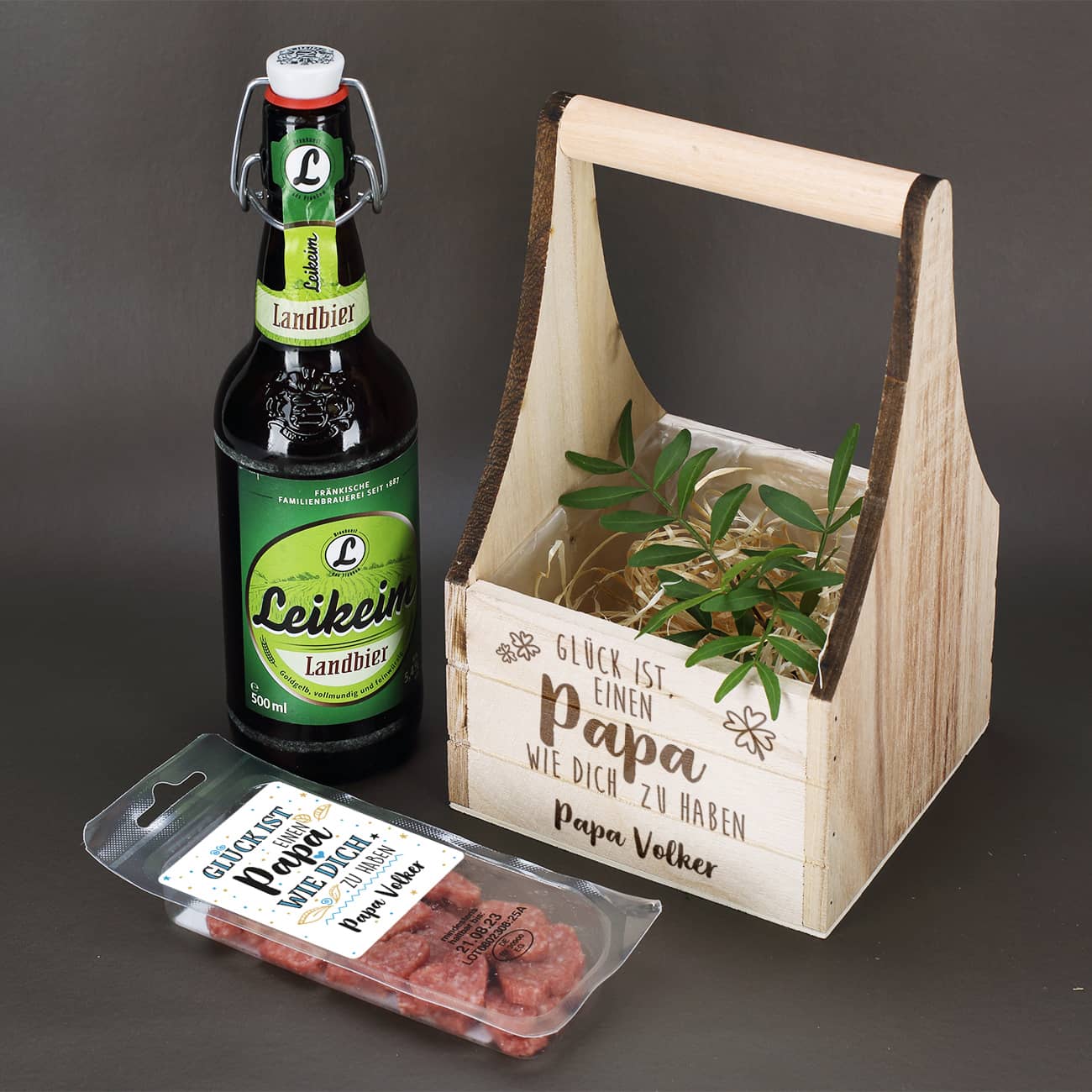 Geschenkset zum Vatertag - Wurst & Bier in einem personalisierten Pflanzkorb