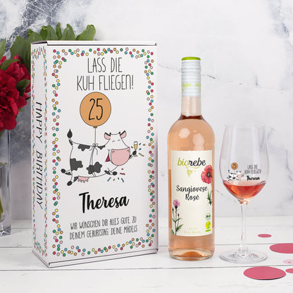 Lass die Kuh fliegen! Geschenkset zum Geburtstag mit Biorebe Wein, Glas und Box