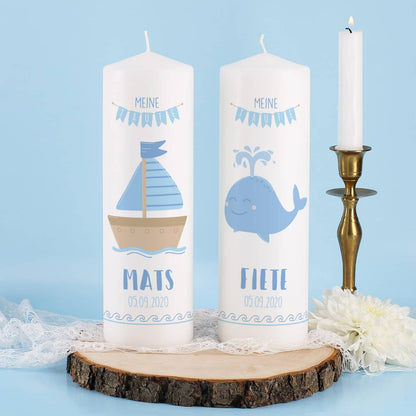 Taufkerzen für Zwillinge mit maritimen Thema