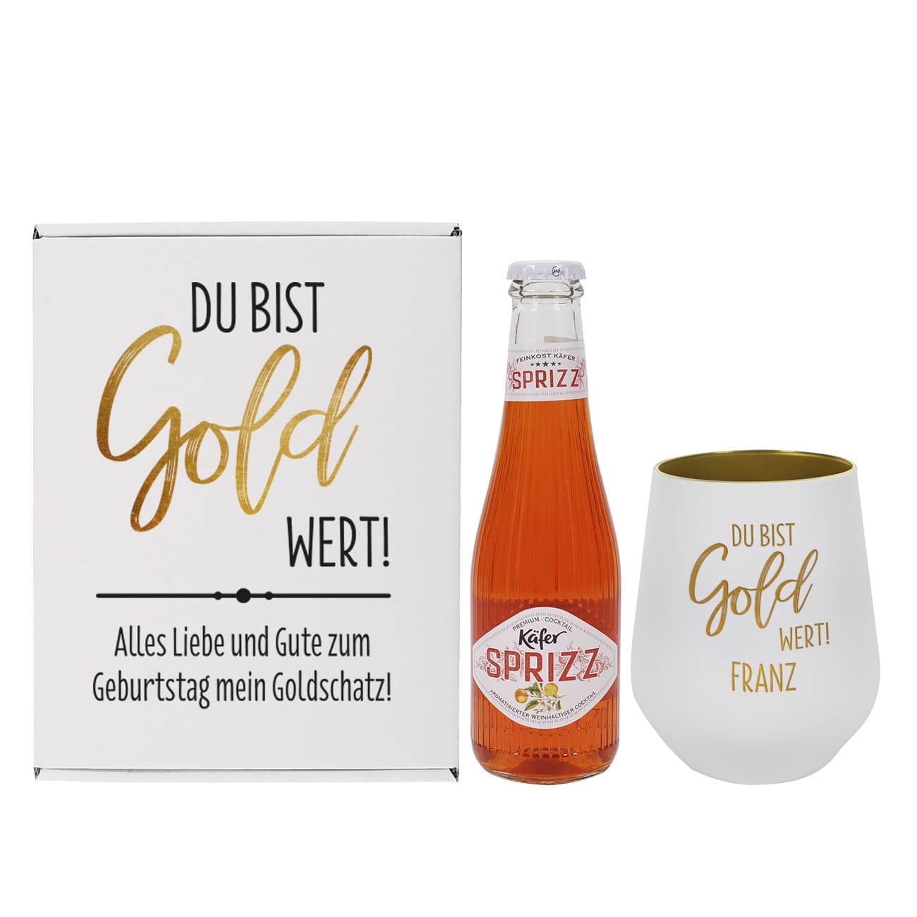 Geschenkset mit Käfer Sprizz, einem graviertem Glas mit Ihrem Namen und einer personalisierten Pappverpackung