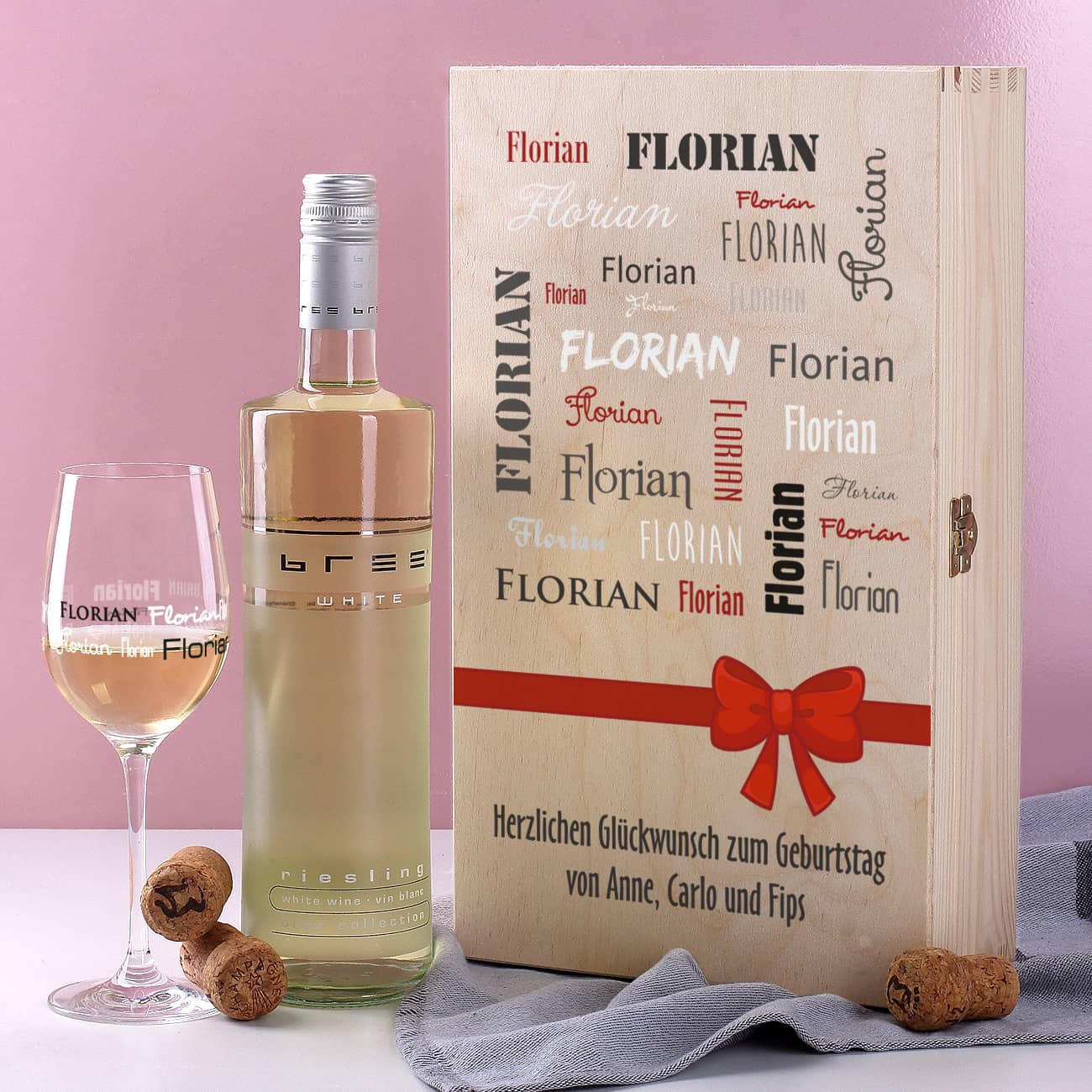 Roséwein-Set mit bedrucktem Glas in edler Holzverpackung