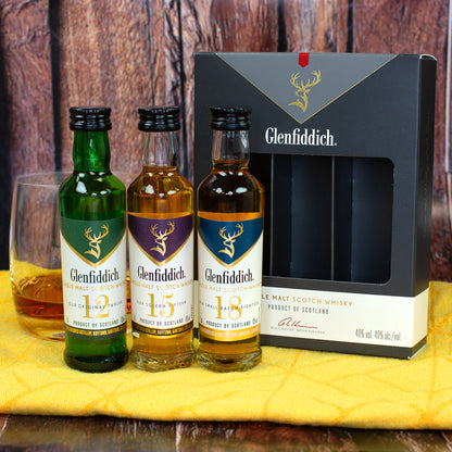 Glenfiddich Whisky Tasting Set mit drei Miniaturflaschen 12, 15 und 18 Jahre in Originalverpackung