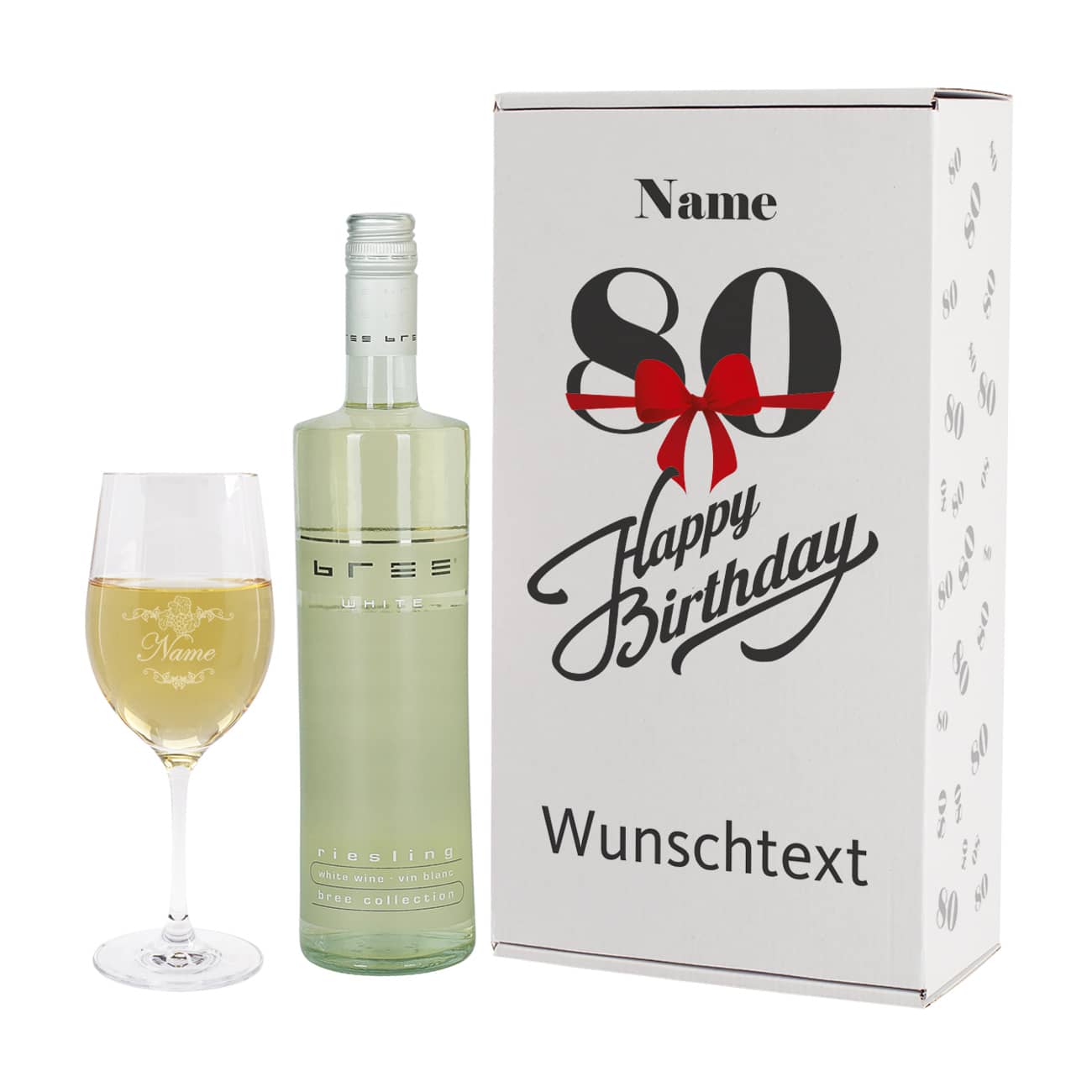 Weinset zum 80. Geburtstag mit Weinglas in bedruckter Geschenkverpackung