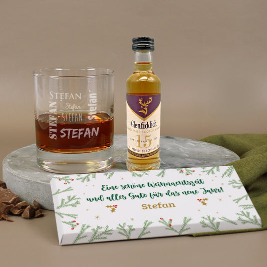 Whisky-Geschenkset zu Weihnachten mit Glenfiddich, graviertem Glas und Schokolade
