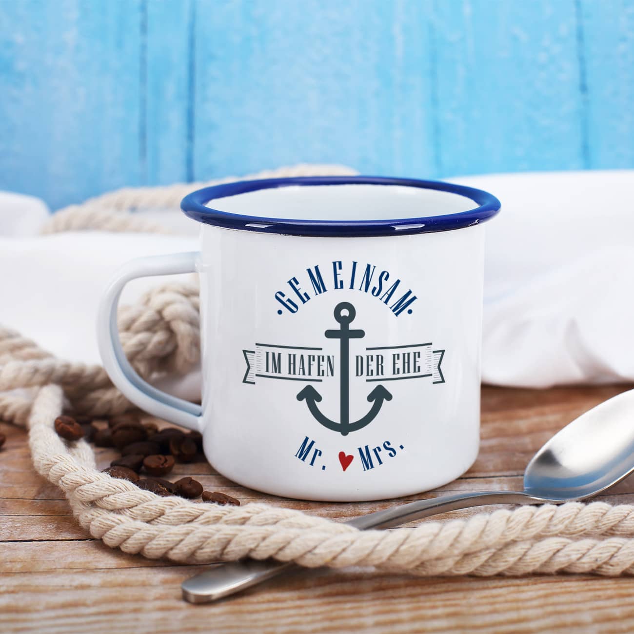 Maritime Emailletasse zur Hochzeit