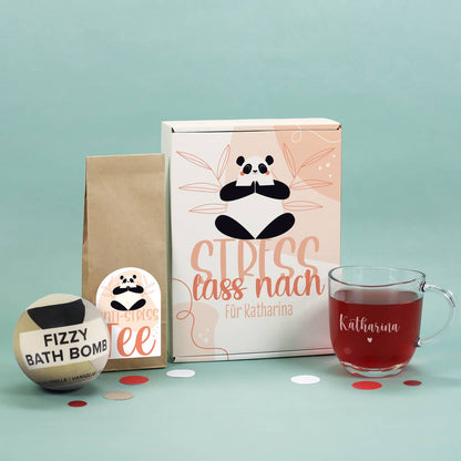 Stress lass nach - Geschenkset mit Teeglas, Tee, Badebombe und passender Geschenkbox