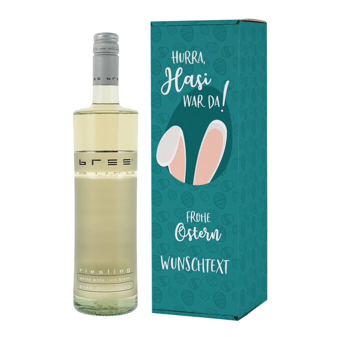 Weißwein in Geschenkverpackung mit Ostermotiv mit Text nach Ihrem Wunsch