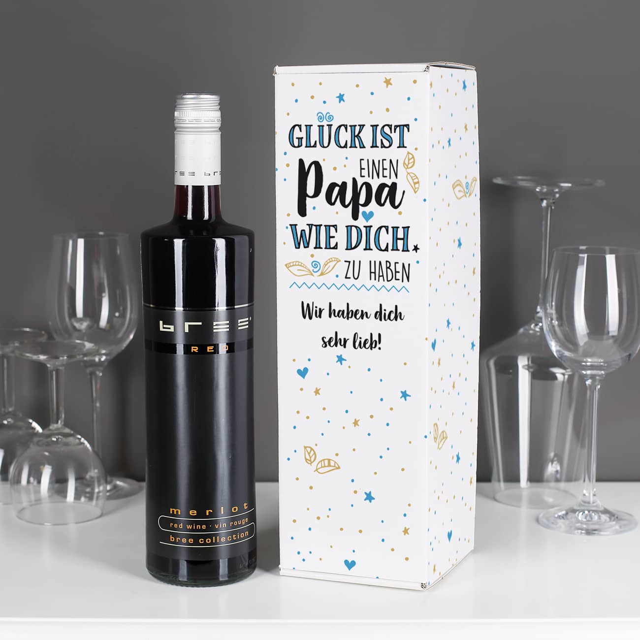 Set BREE Weinflasche mit bedruckter Verpackung für Väter mit Wunschtext