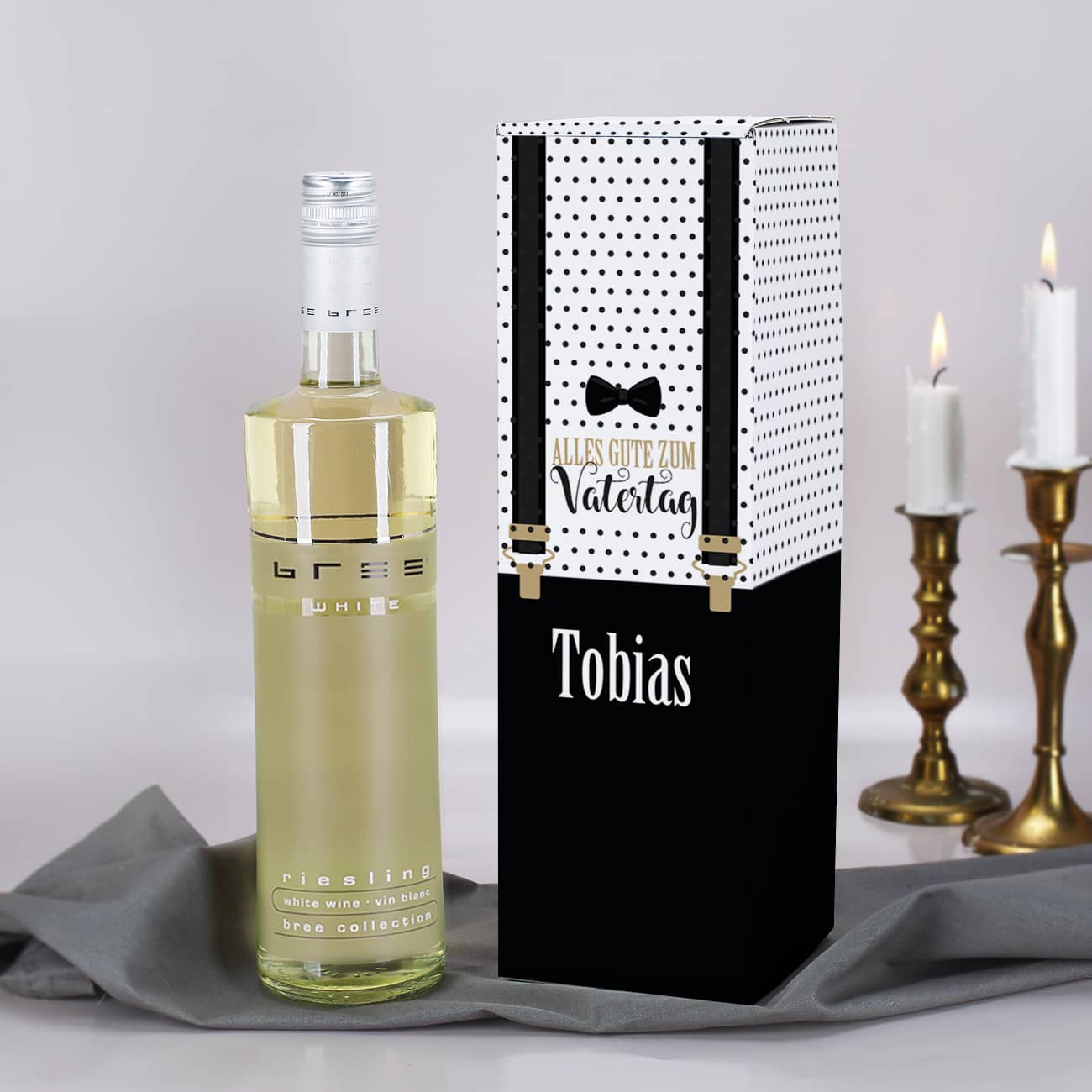 Geschenkset Wein mit Flaschenverpackung zum Vatertag mit Name