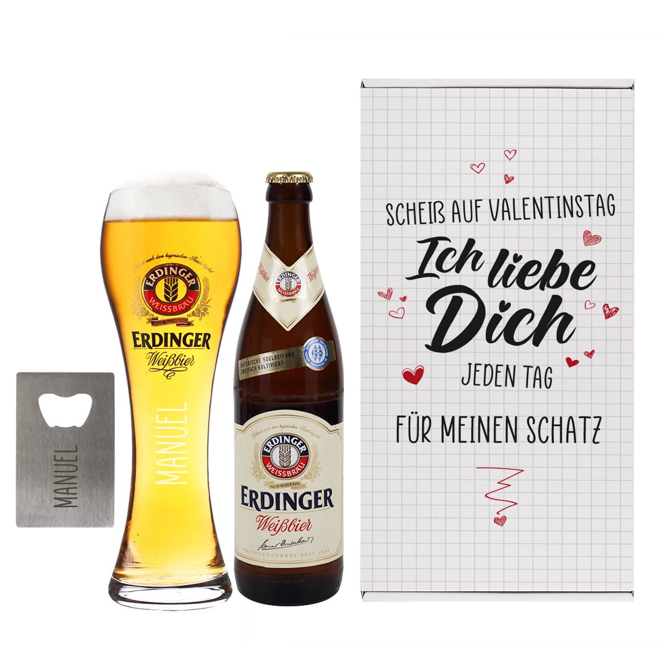 Scheiß auf Valentinstag Ich liebe Dich jeden Tag Erdinger Bier Geschenkset mit Wunschtext