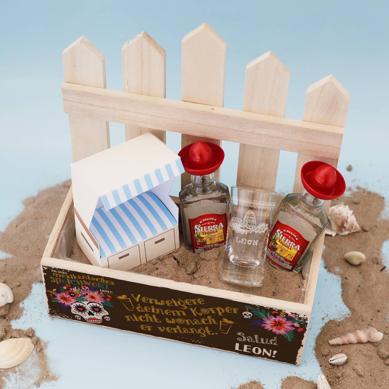 Urlaub in der Kiste - Holz Pflanzkiste mit mexikanischem Motiv und Name bedruckt