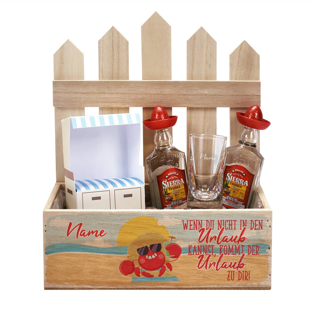 Geschenkset Strandurlaub mit Holzkiste, Schnapsglas, Tequila und Deko