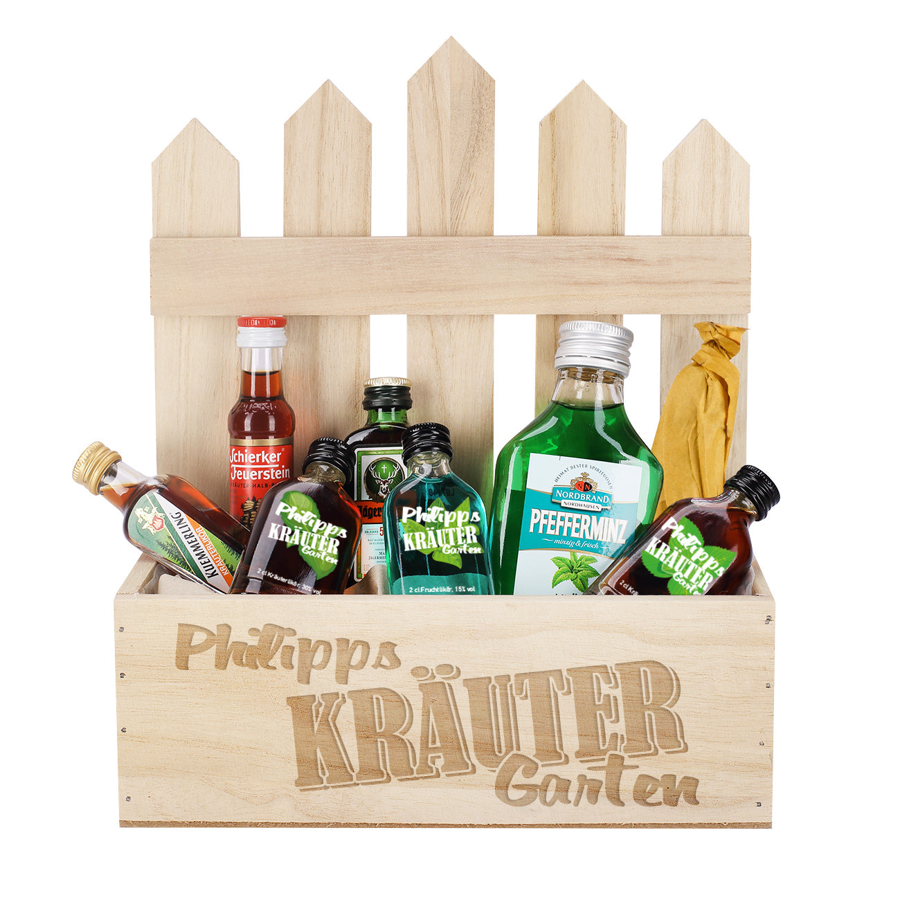 Kräutergarten mit Pflanzkiste und verschiedenen Kräuterschnäpsen - mit Name