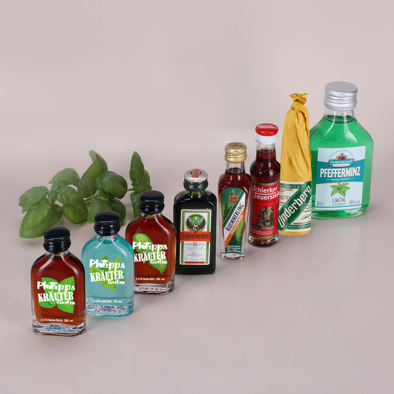 Kräutergarten mit Pflanzkiste und verschiedenen Kräuterschnäpsen - mit Name