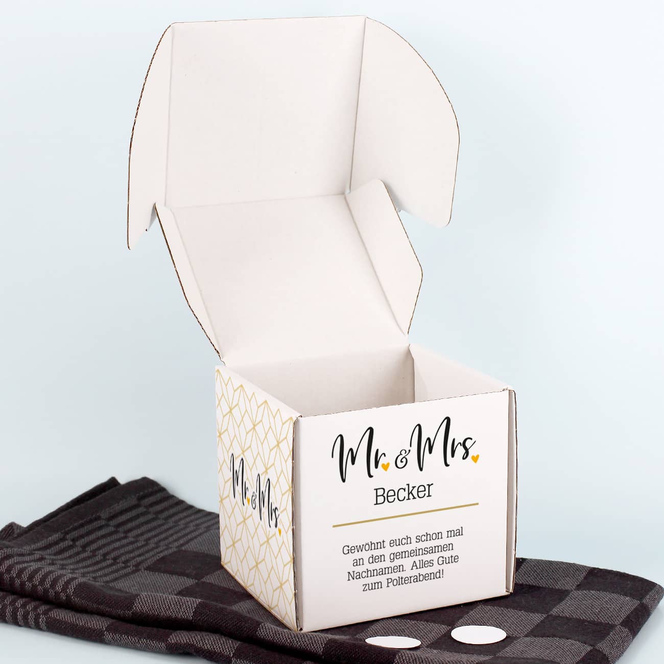 Geschenkverpackung mit ausreichend Platz für einen kurzen eigenen Wunschtext
